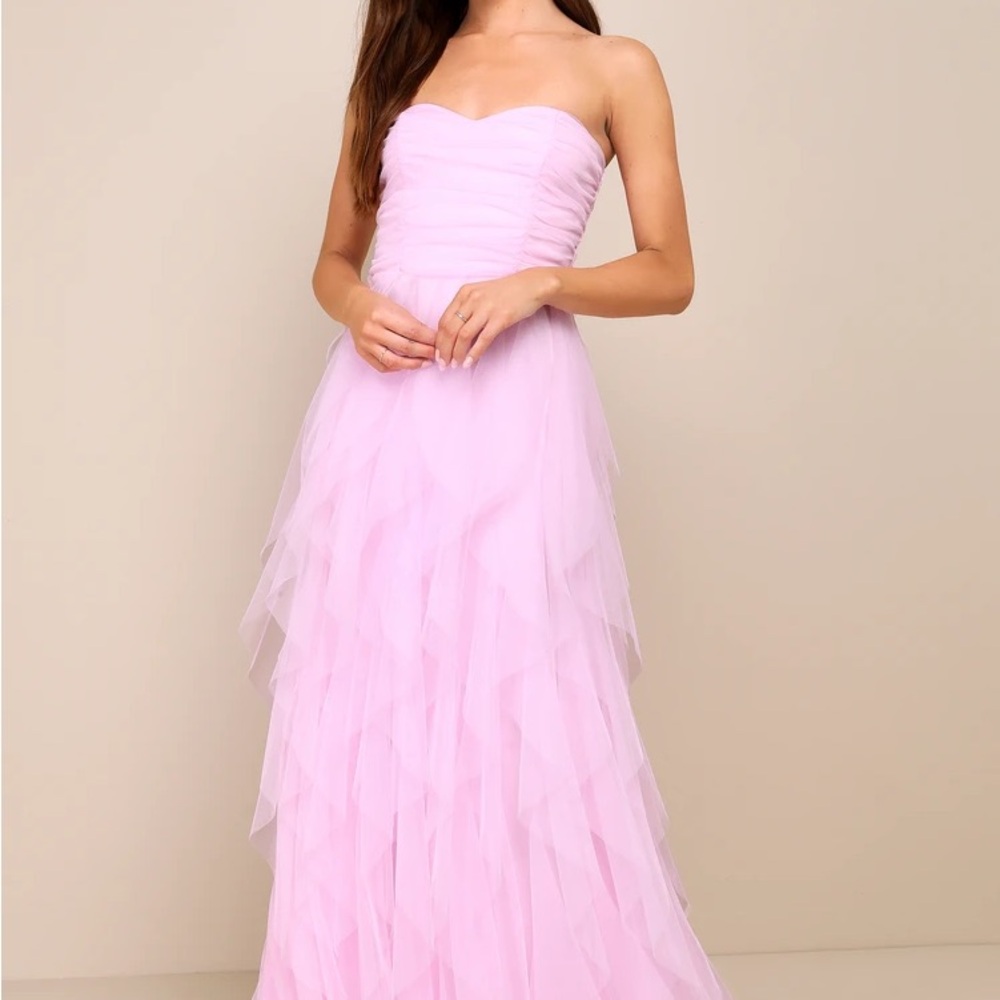 Elegant Pink Mesh Strapless Ruched Ruffle Maxi Dress
